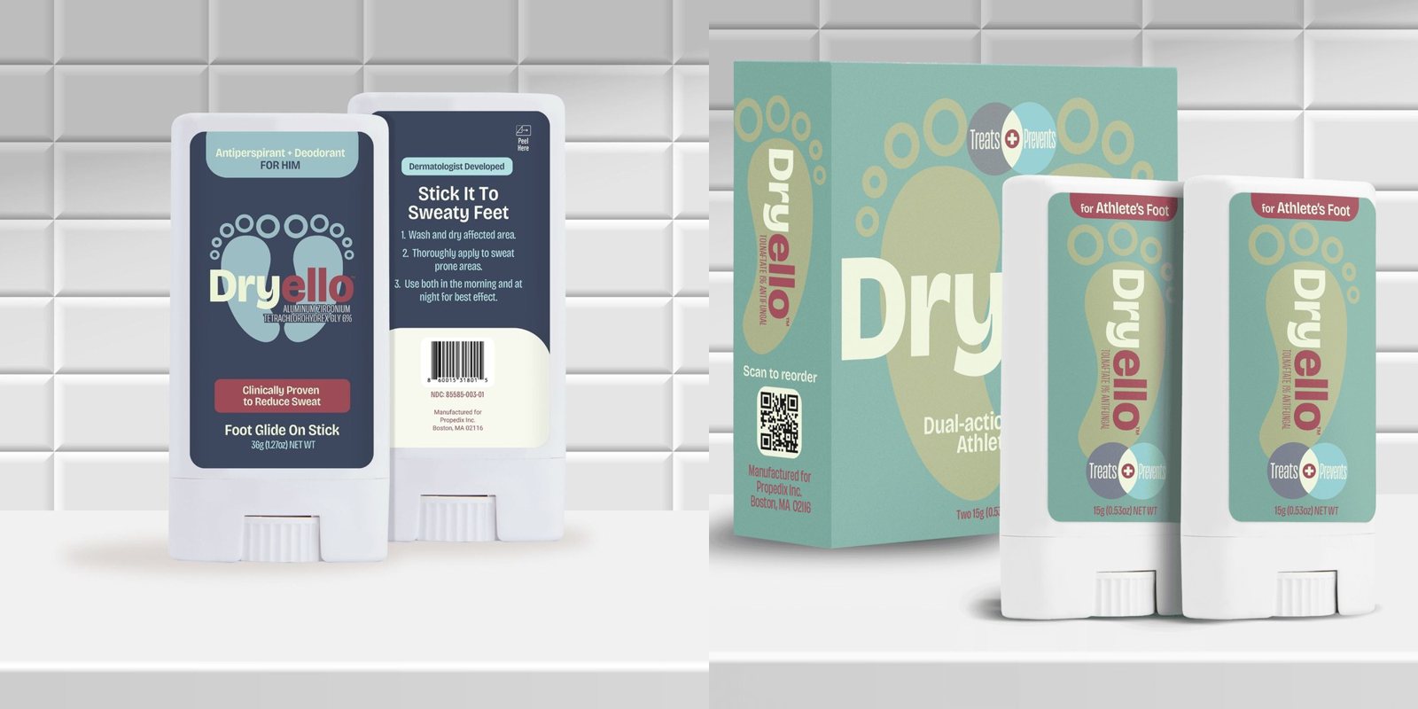 Dryello Foot Antiperspirant For Him with its box, next to the Dryello Athlete's Foot Treatment Stick two-pack